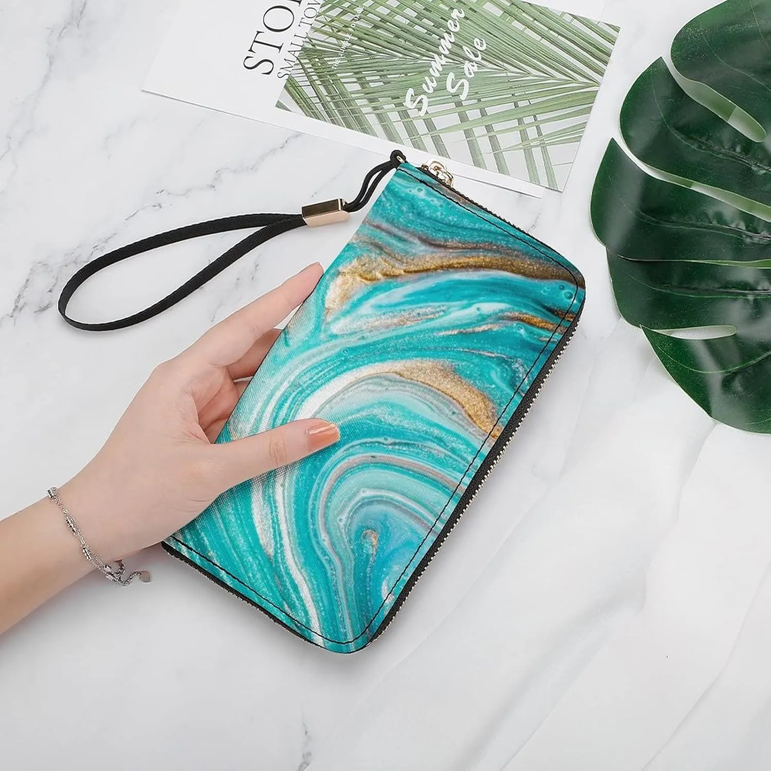 Donnapink Long Clutch Wallet, Long Handbag with Wristlet Strap, PU Leather Zip Purse