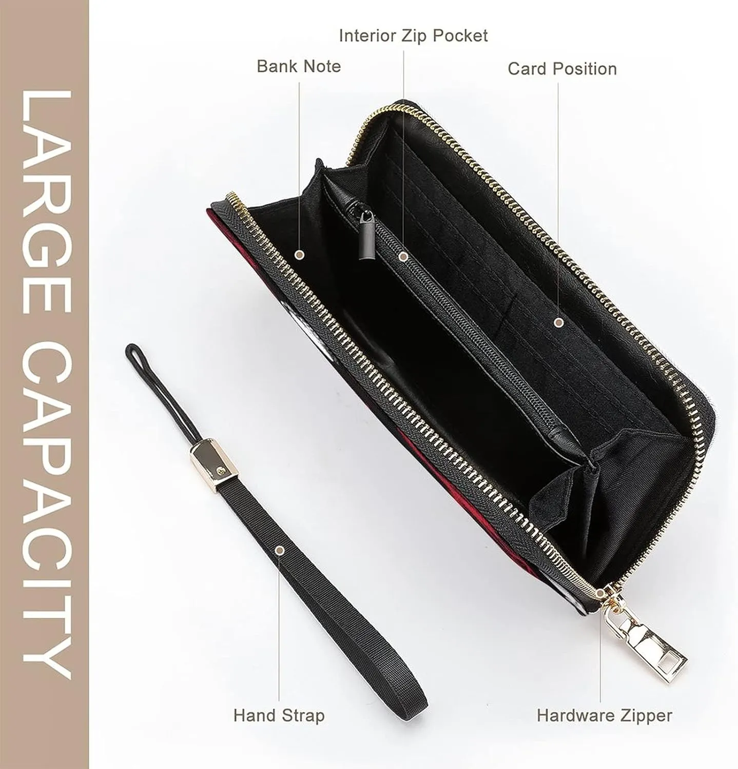 Donnapink Long Clutch Wallet, Long Handbag with Wristlet Strap, PU Leather Zip Purse