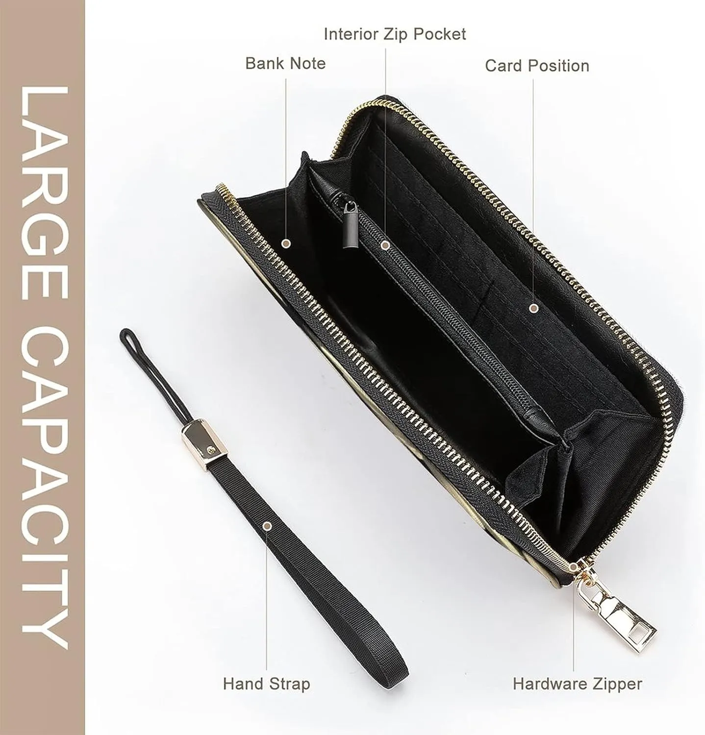 Donnapink Long Clutch Wallet, Long Handbag with Wristlet Strap, PU Leather Zip Purse