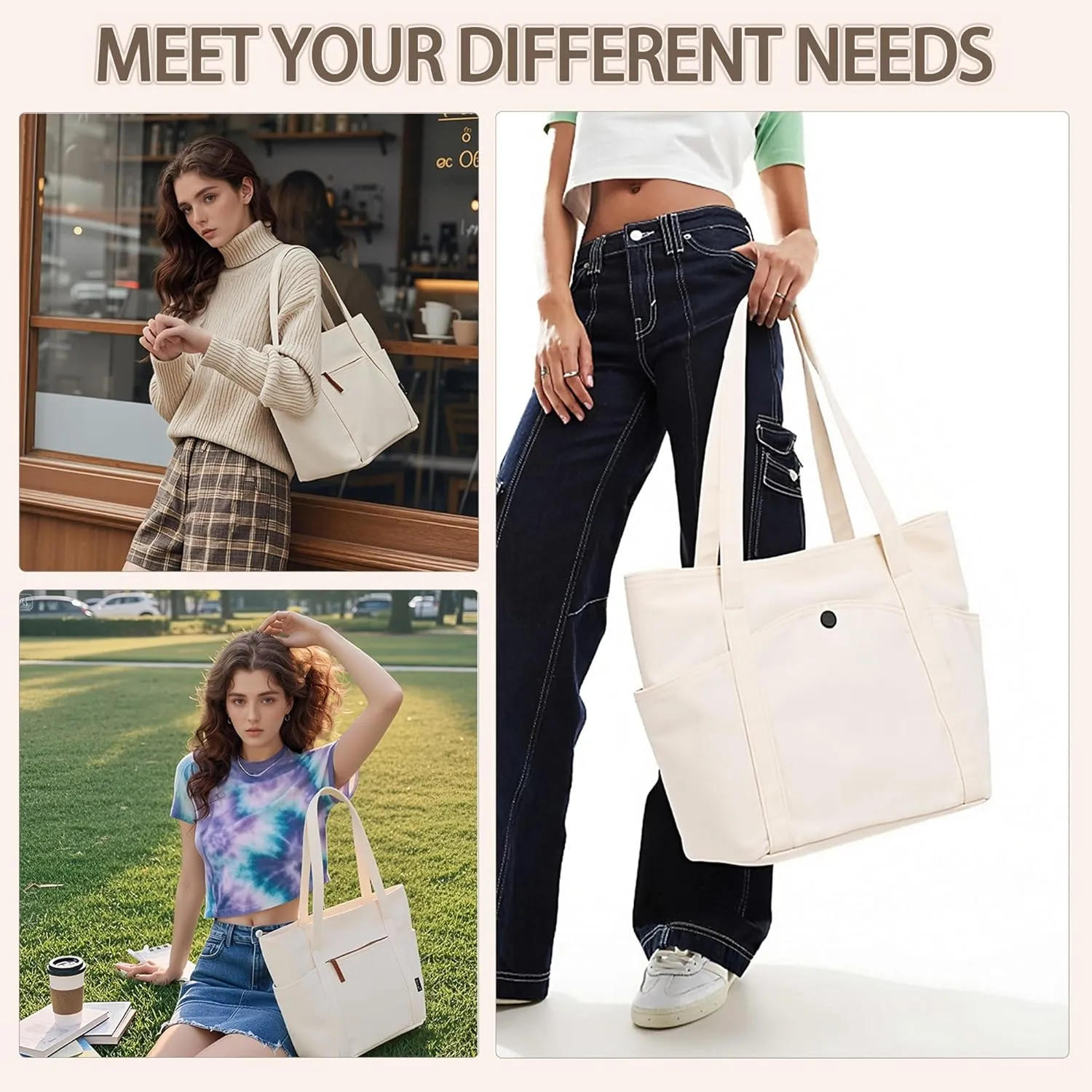 Double-sided Canvas Tote Bag, Womens Handbags Totes Purse with Zipper, Satchel Tote for Work Travel Nurse College