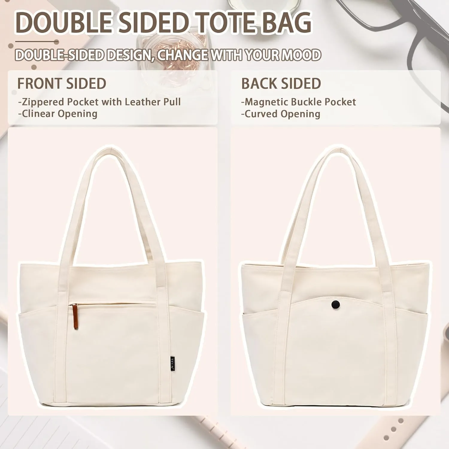 Double-sided Canvas Tote Bag, Womens Handbags Totes Purse with Zipper, Satchel Tote for Work Travel Nurse College