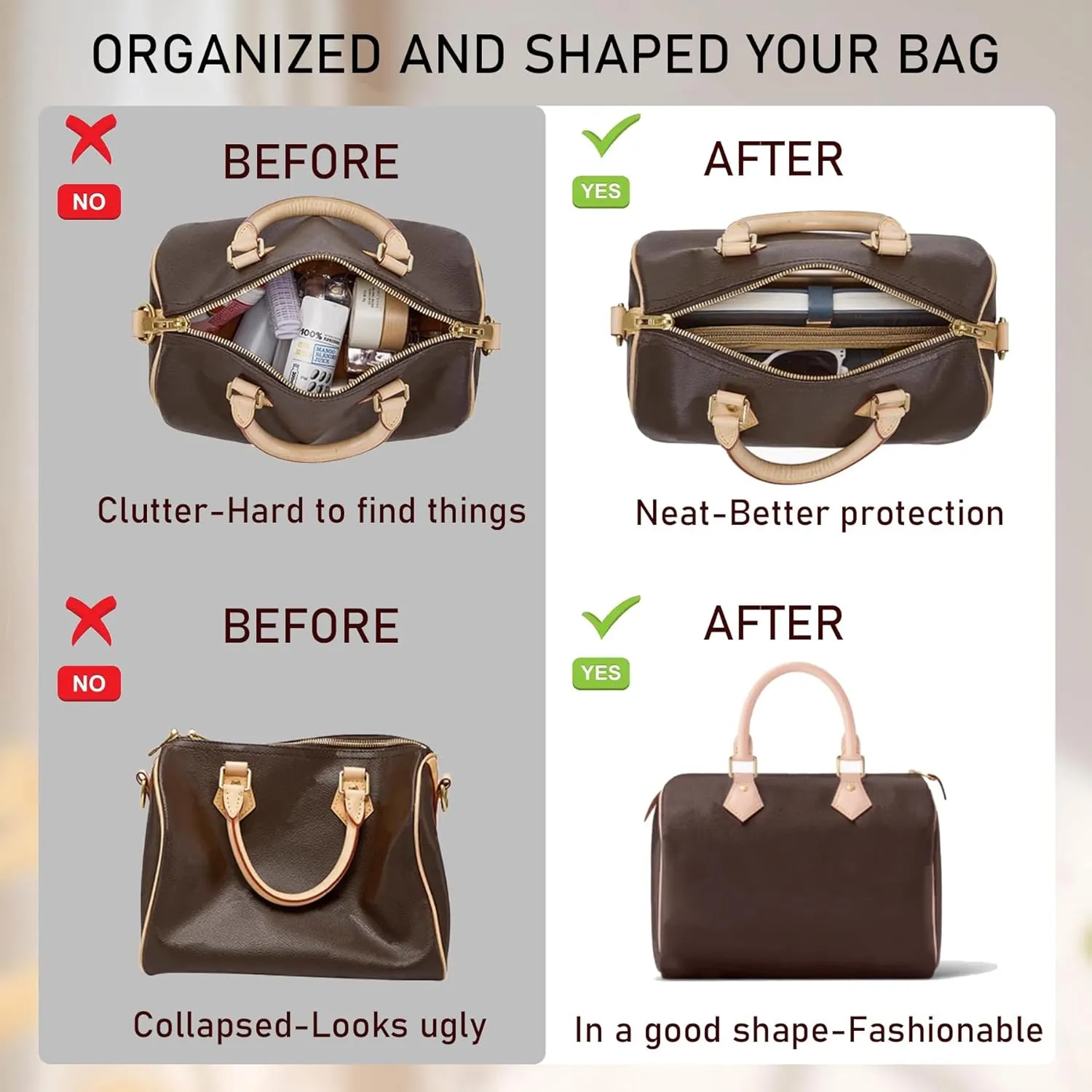 Doxo Purse Organizer Insert for Handbags & Base Shaper Combination,Tote Bag Organizer Insert Suitable to Lv Speedy 25,NeoNoe MM,Noe,Book Tote S,C.oach City 30,Long Champ Le-pliage S and More (M-Beige)