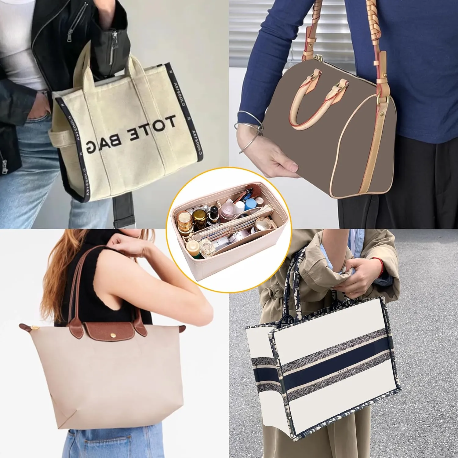 Doxo Purse Organizer Insert for Handbags & Base Shaper Combination,Tote Bag Organizer Insert Suitable to Lv Speedy 25,NeoNoe MM,Noe,Book Tote S,C.oach City 30,Long Champ Le-pliage S and More (M-Beige)