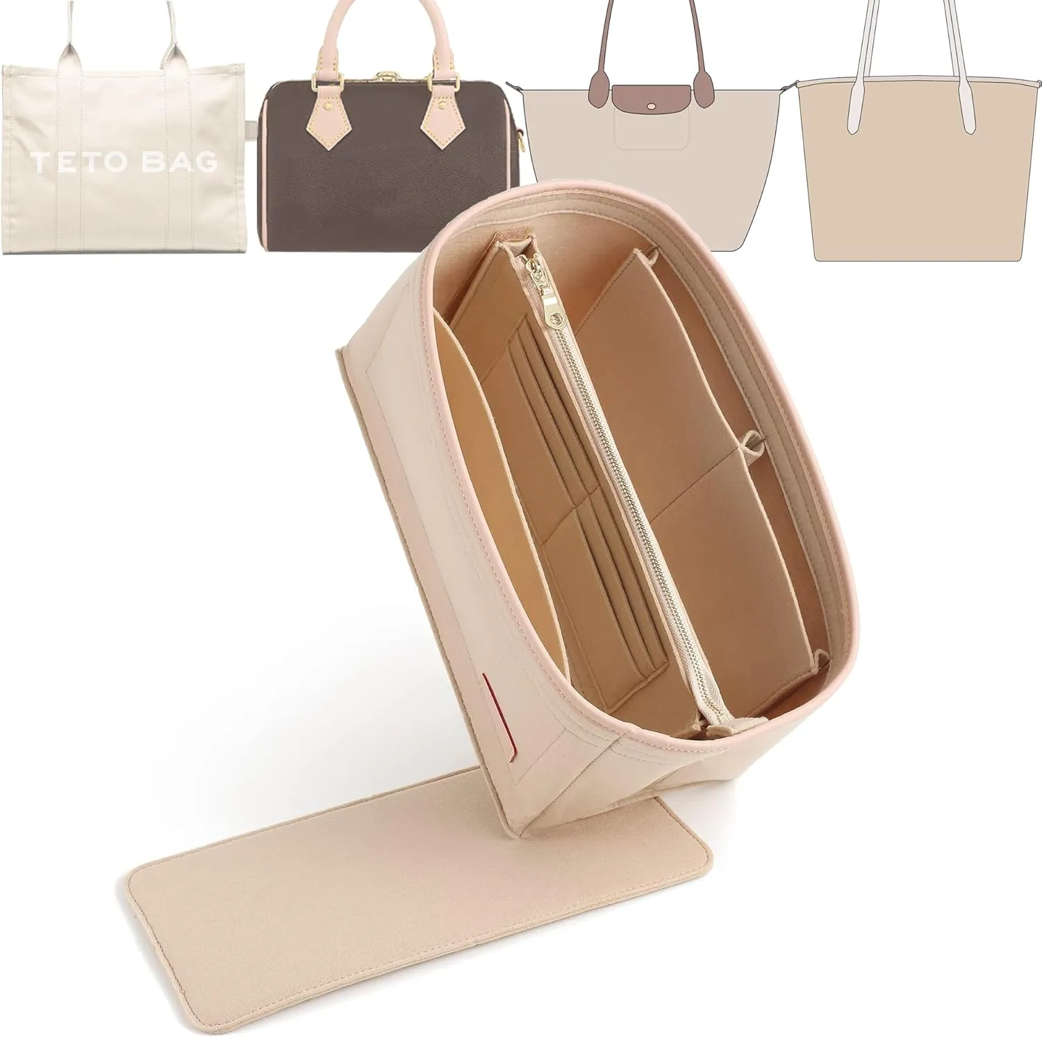Doxo Purse Organizer Insert for Handbags & Base Shaper Combination,Tote Bag Organizer Insert Suitable to Lv Speedy 25,NeoNoe MM,Noe,Book Tote S,C.oach City 30,Long Champ Le-pliage S and More (M-Beige)