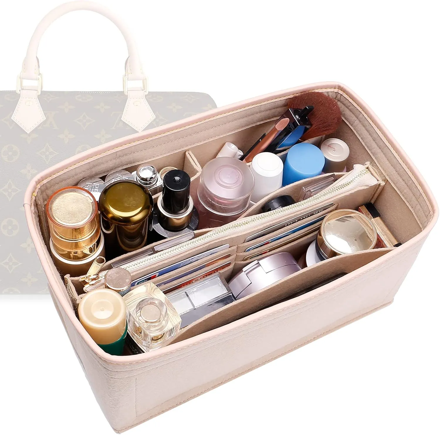 Doxo Purse Organizer Insert for Handbags & Base Shaper Combination,Tote Bag Organizer Insert Suitable to Lv Speedy 25,NeoNoe MM,Noe,Book Tote S,C.oach City 30,Long Champ Le-pliage S and More (M-Beige)