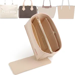 Doxo Purse Organizer Insert for Handbags & Base Shaper Combination,Tote Bag Organizer Insert Suitable to Lv Speedy 25,NeoNoe MM,Noe,Book Tote S,C.oach City 30,Long Champ Le-pliage S and More (M-Beige)