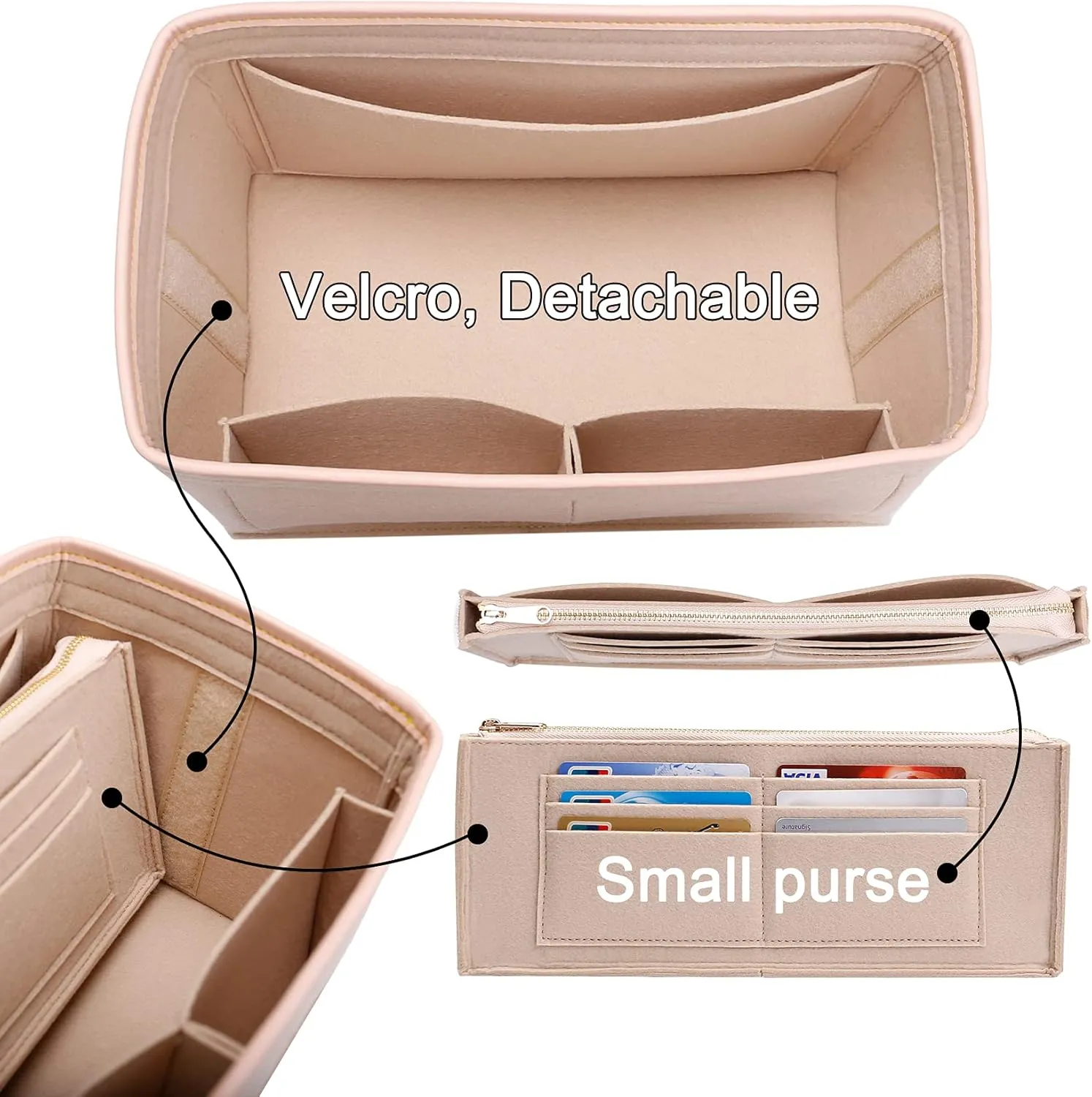 Doxo Purse Organizer Insert for Handbags & Base Shaper Combination,Tote Bag Organizer Insert Suitable to Lv Speedy 25,NeoNoe MM,Noe,Book Tote S,C.oach City 30,Long Champ Le-pliage S and More (M-Beige)