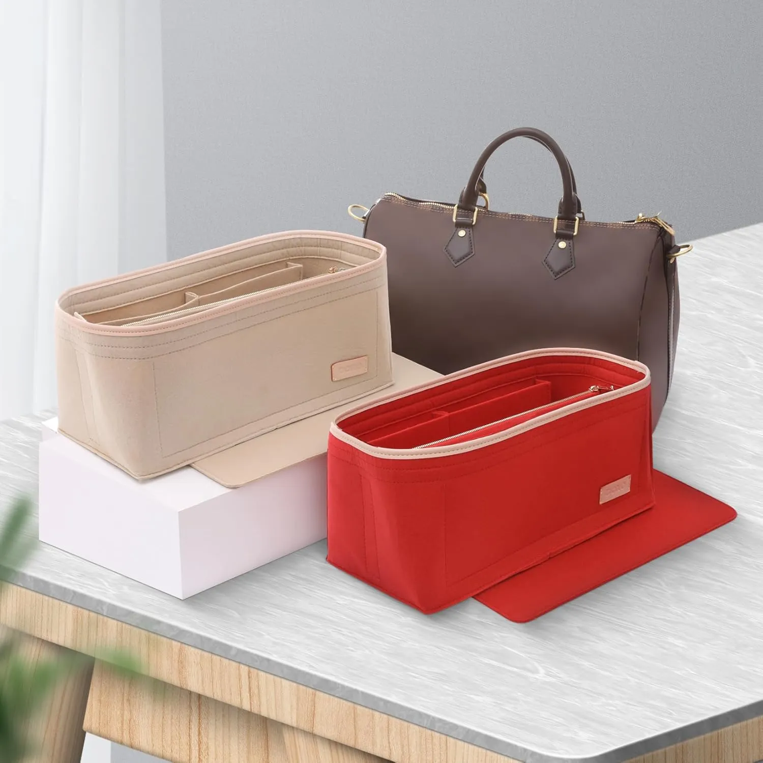 Doxo Purse Organizer Insert for Handbags & Base Shaper Combination,Tote Bag Organizer Insert Suitable to Lv Speedy 25,NeoNoe MM,Noe,Book Tote S,C.oach City 30,Long Champ Le-pliage S and More (M-Beige)