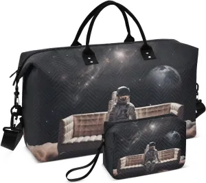 Duffel Bag Set for Travel Gym Sport, Weekender Bag Carry on Overnight Bag for Women Men-Astronaut on Sofa Space Print