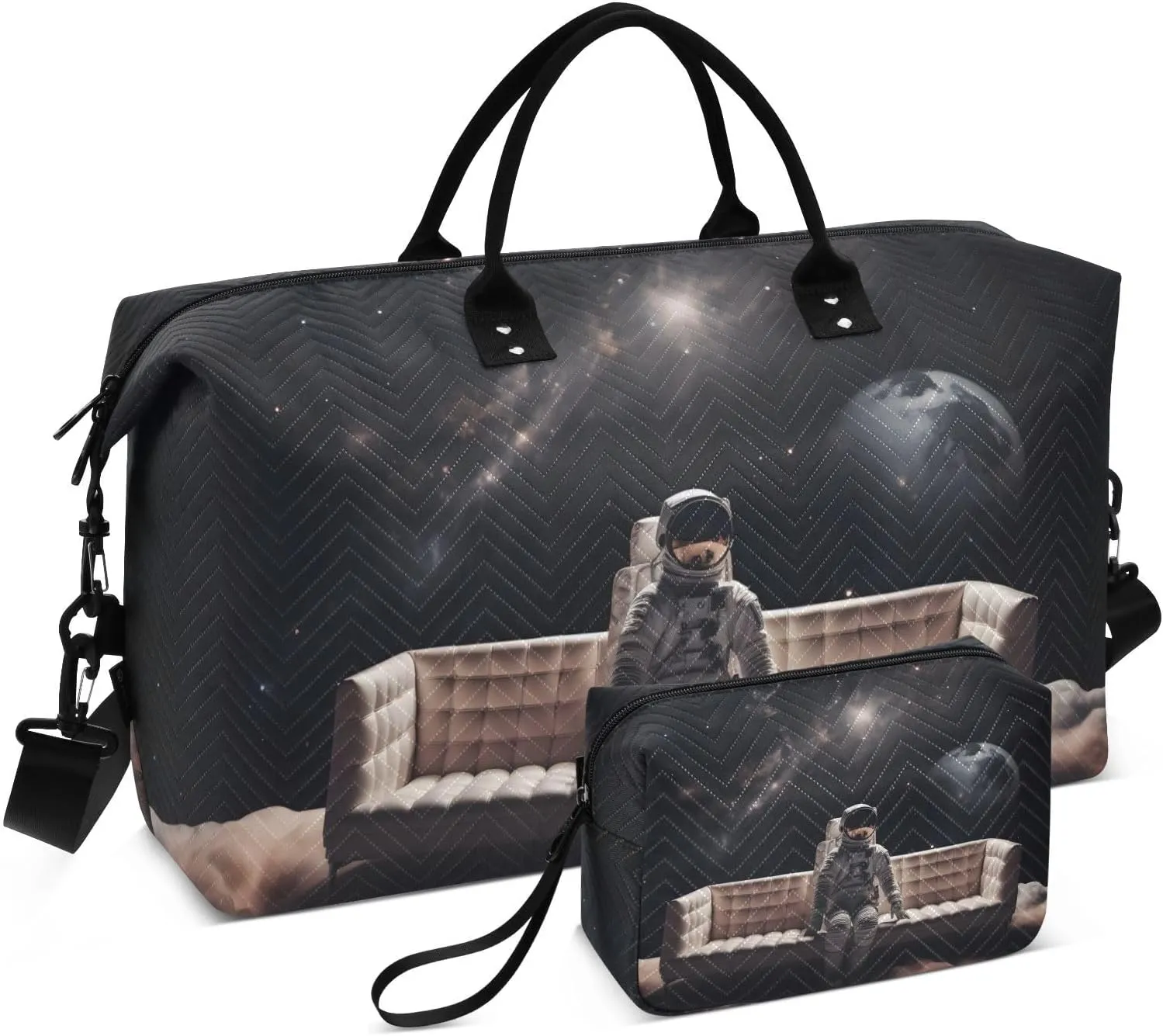 Duffel Bag Set for Travel Gym Sport, Weekender Bag Carry on Overnight Bag for Women Men-Astronaut on Sofa Space Print