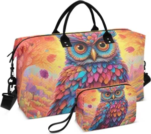 Duffel Bag Set for Travel Gym Sport, Weekender Bag Carry on Overnight Bag for Women Men-Brightly Colored Owl Print