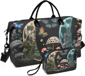 Duffel Bag Set for Travel Gym Sport, Weekender Bag Carry on Overnight Bag for Women Men-Mystical Moon and Mushroom Print