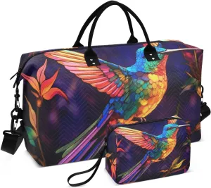 Duffel Bag Set with Toiletry Bag for Travel Gym Sport, Luggage Sleeve Weekender Bag Carry on Overnight Bag-Brightly Hummingbird Print