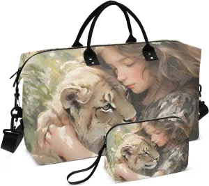 Duffel Bag Set with Toiletry Bag for Travel Gym Sport, Luggage Sleeve Weekender Bag Carry on Overnight Bag-Cub Lion Bush Print