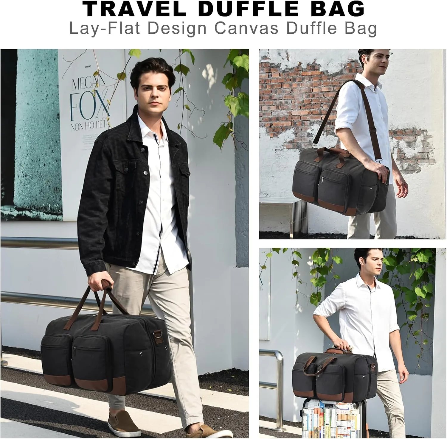 Duffle Bag for Travel, Canvas Travel Duffel Bags with Lay-Flat Design, Large Travel Duffle Overnight Weekend Gym Carry On Duffel Bag for Men & Women(Black)