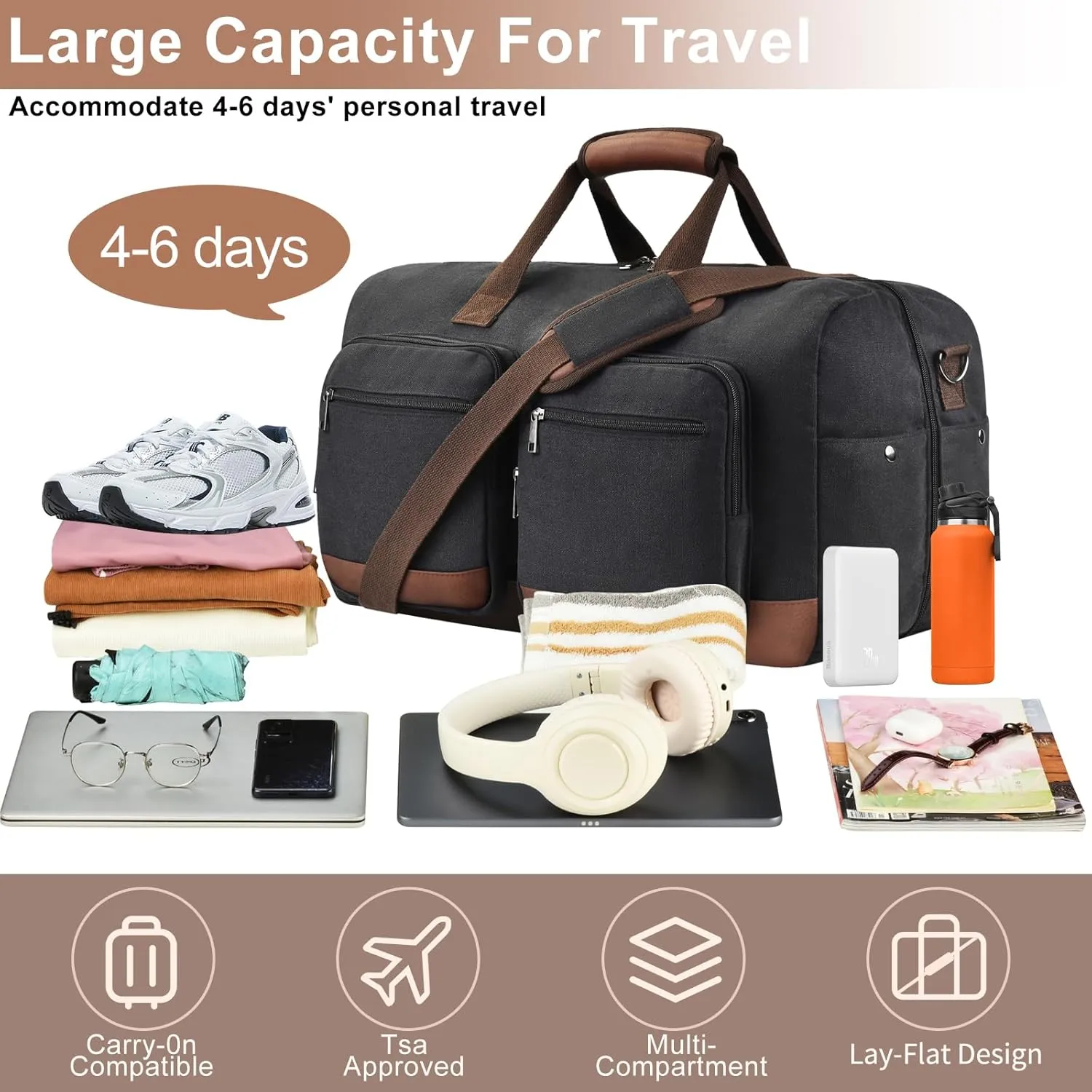 Duffle Bag for Travel, Canvas Travel Duffel Bags with Lay-Flat Design, Large Travel Duffle Overnight Weekend Gym Carry On Duffel Bag for Men & Women(Black)