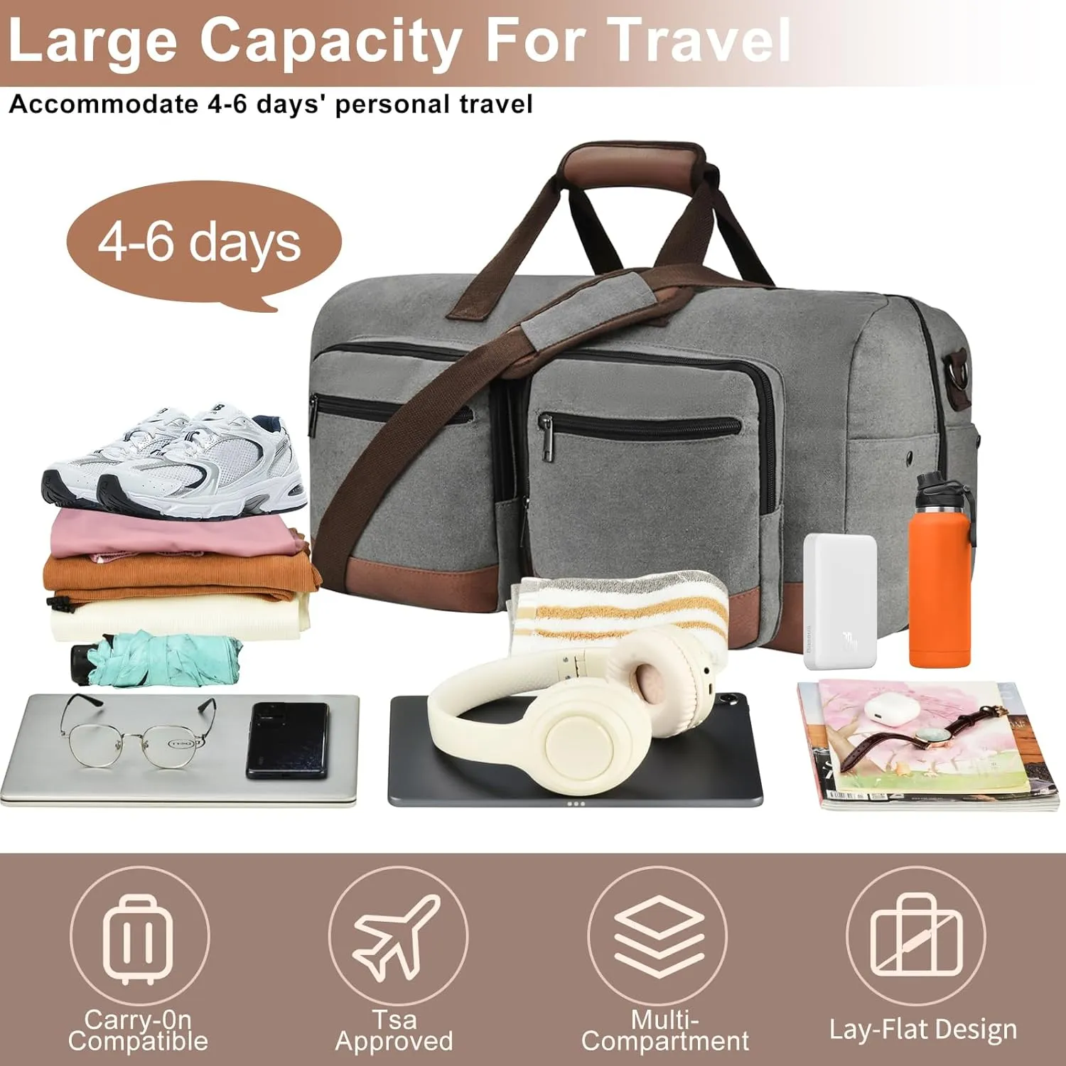 Duffle Bag for Travel, Canvas Travel Duffel Bags with Lay-Flat Design, Large Travel Duffle Overnight Weekend Gym Carry On Duffel Bag for Men & Women(Grey)