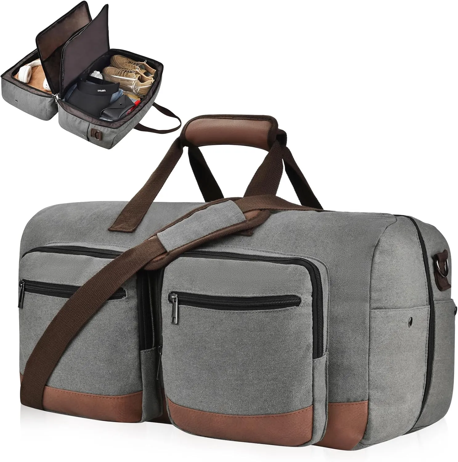 Duffle Bag for Travel, Canvas Travel Duffel Bags with Lay-Flat Design, Large Travel Duffle Overnight Weekend Gym Carry On Duffel Bag for Men & Women(Grey)