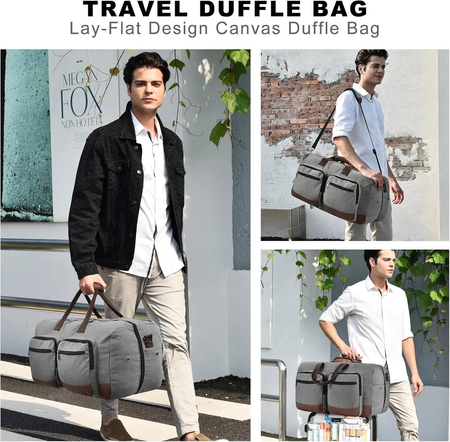 Duffle Bag for Travel, Canvas Travel Duffel Bags with Lay-Flat Design, Large Travel Duffle Overnight Weekend Gym Carry On Duffel Bag for Men & Women(Grey)