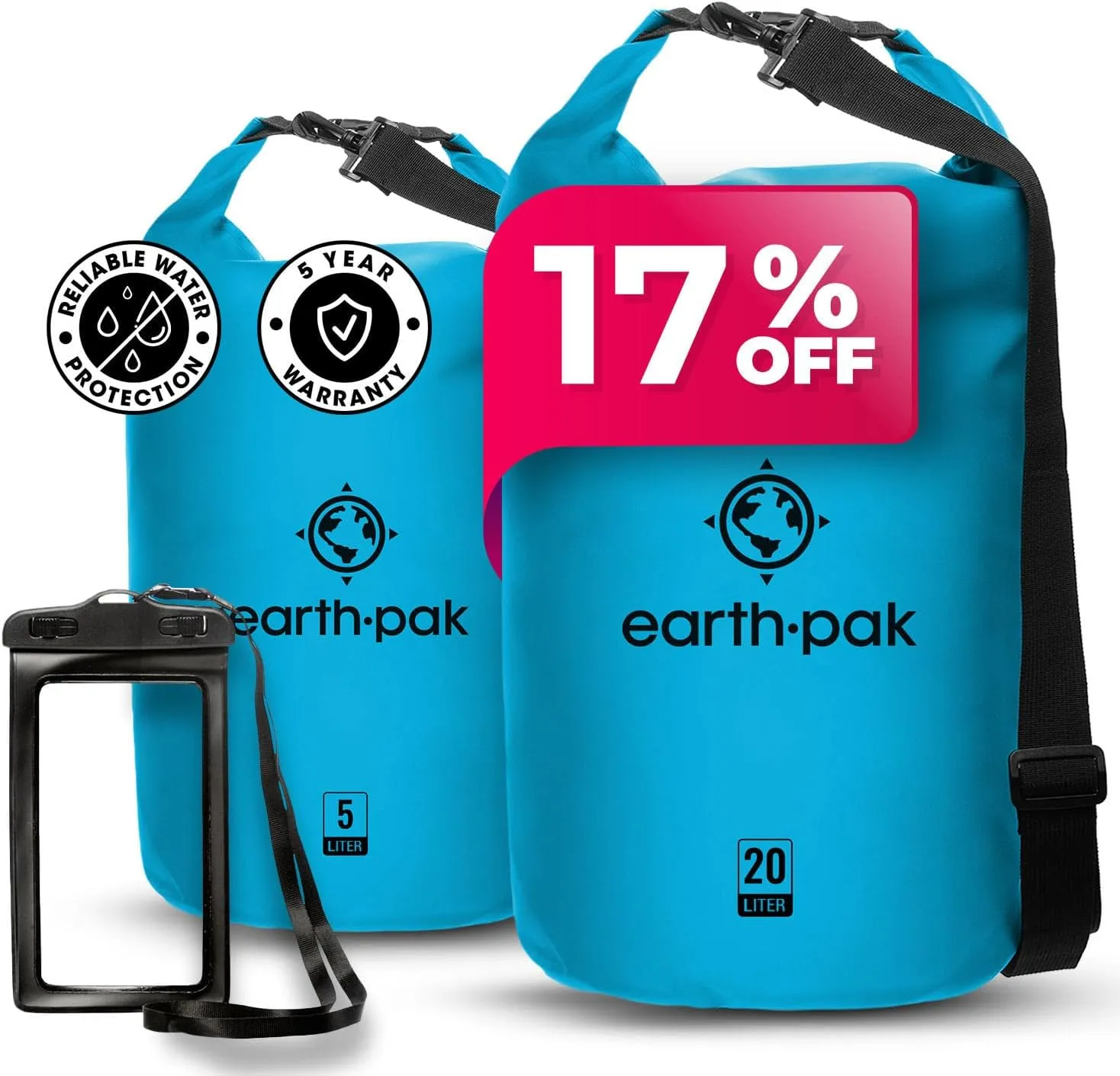Earth Pak Waterproof Dry Bag - Roll Top Waterproof Backpack Light Blue 5L & 20L