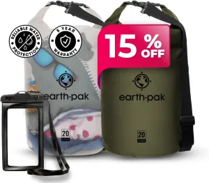 Earth Pak Waterproof Dry Bag - Roll Top Waterproof Backpack Sack (20L Clear & 20L Green)