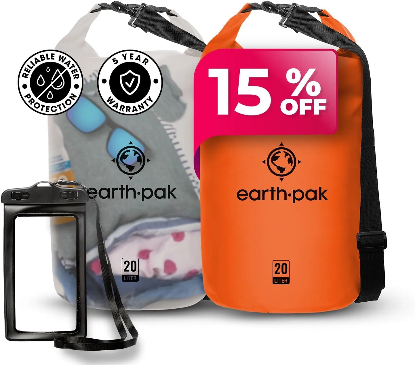 Earth Pak Waterproof Dry Bag - Roll Top Waterproof Backpack Sack (20L Clear & 20L Orange)