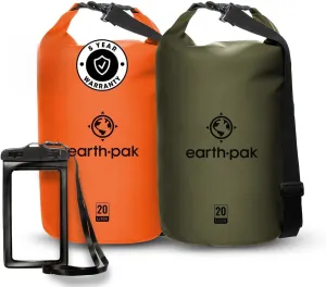Earth Pak Waterproof Dry Bag - Roll Top Waterproof Backpack Sack (20L Orange & 20L Green)