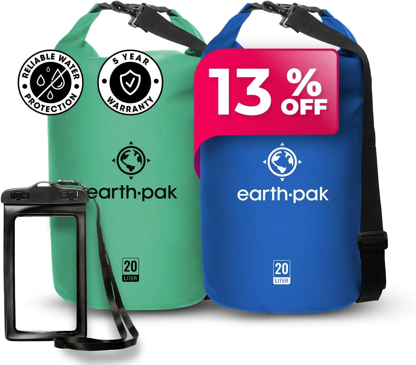 Earth Pak Waterproof Dry Bag - Roll Top Waterproof Backpack Sack (20L Seafoam & 20L Blue)