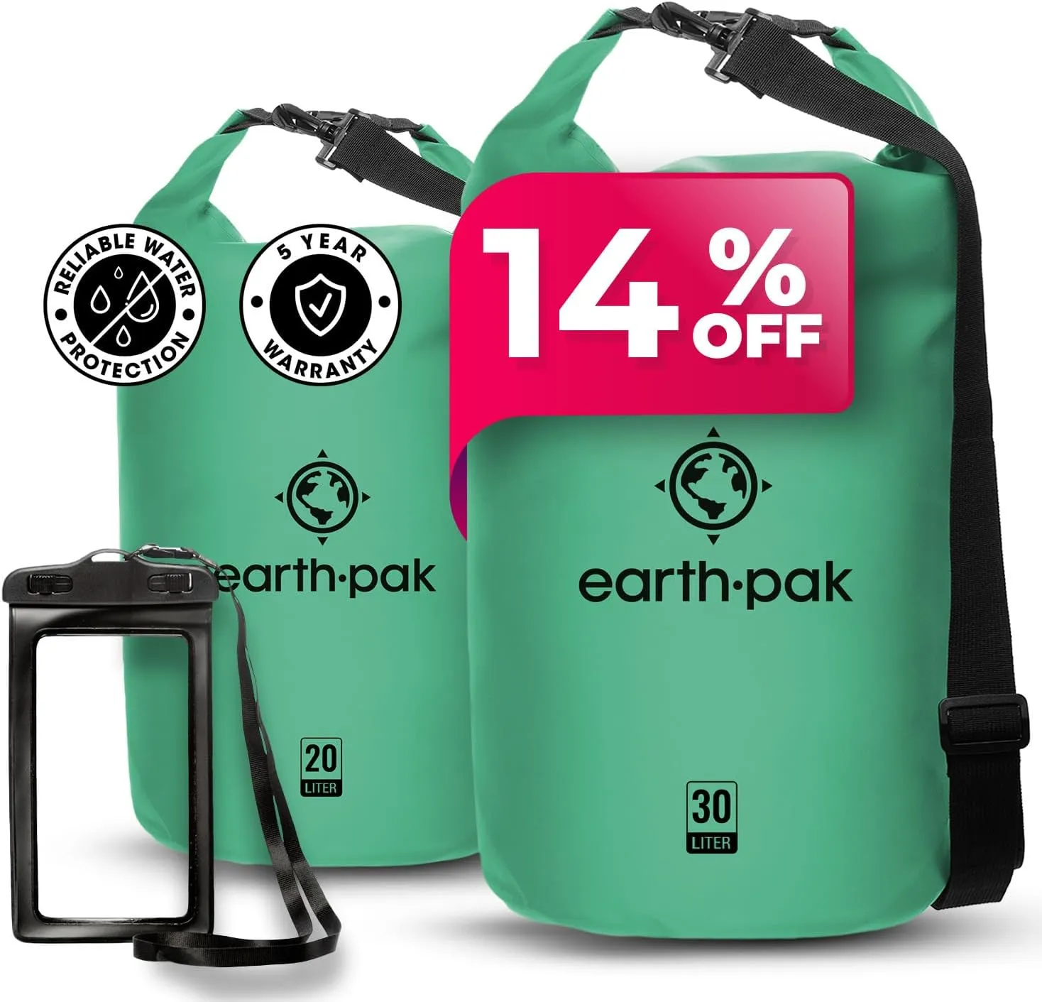 Earth Pak Waterproof Dry Bag - Roll Top Waterproof Backpack Sack (20L Seafoam & 30L Seafoam)