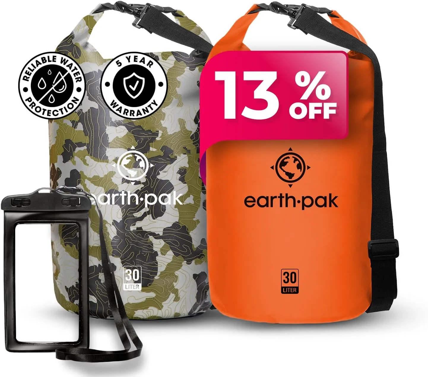 Earth Pak Waterproof Dry Bag - Roll Top Waterproof Backpack Sack (30L Camo & 30L Orange)