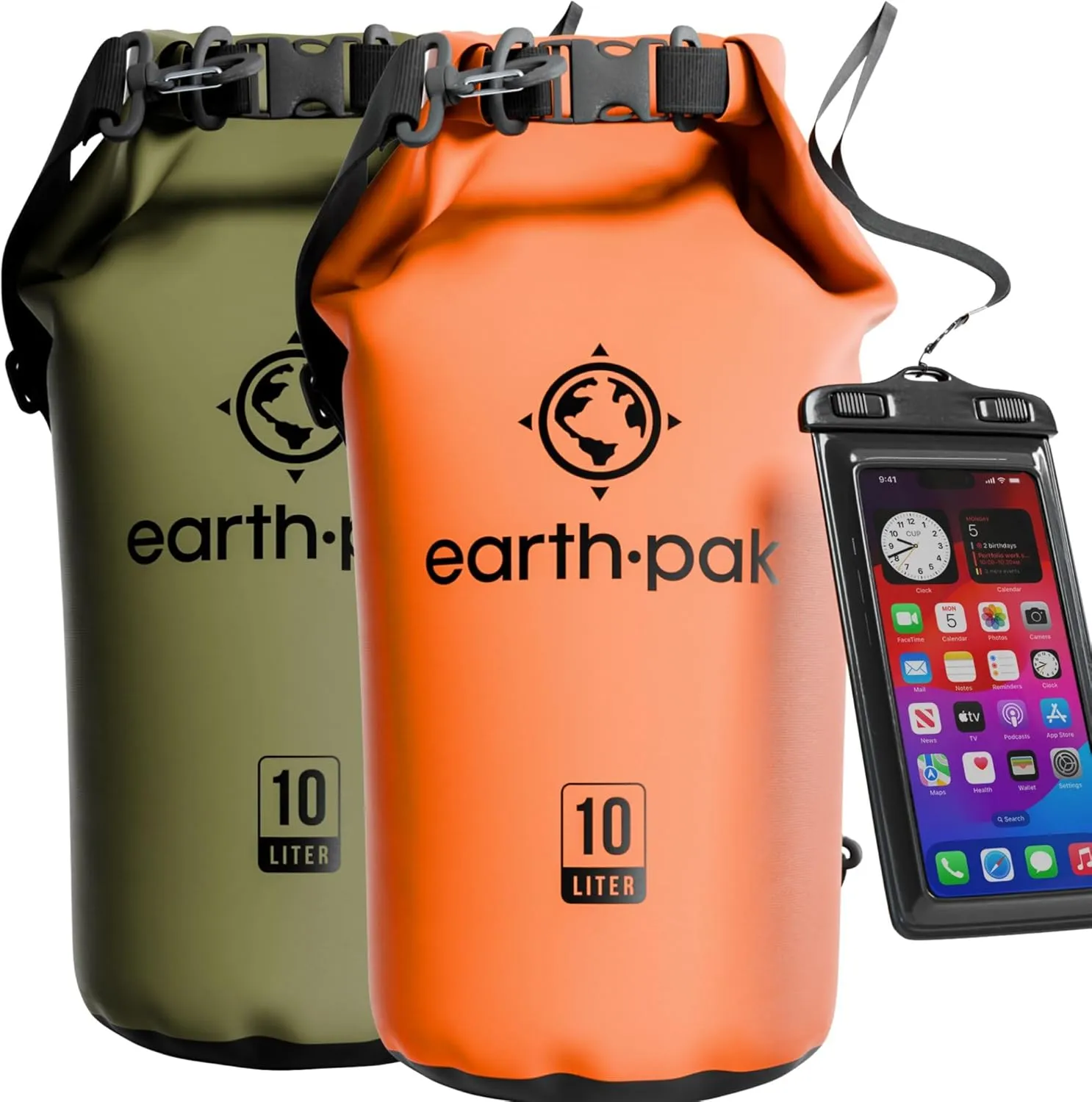 Earth Pak Waterproof Dry Bag - Roll Top Waterproof Backpack Sack (30L Orange & 30L Green)