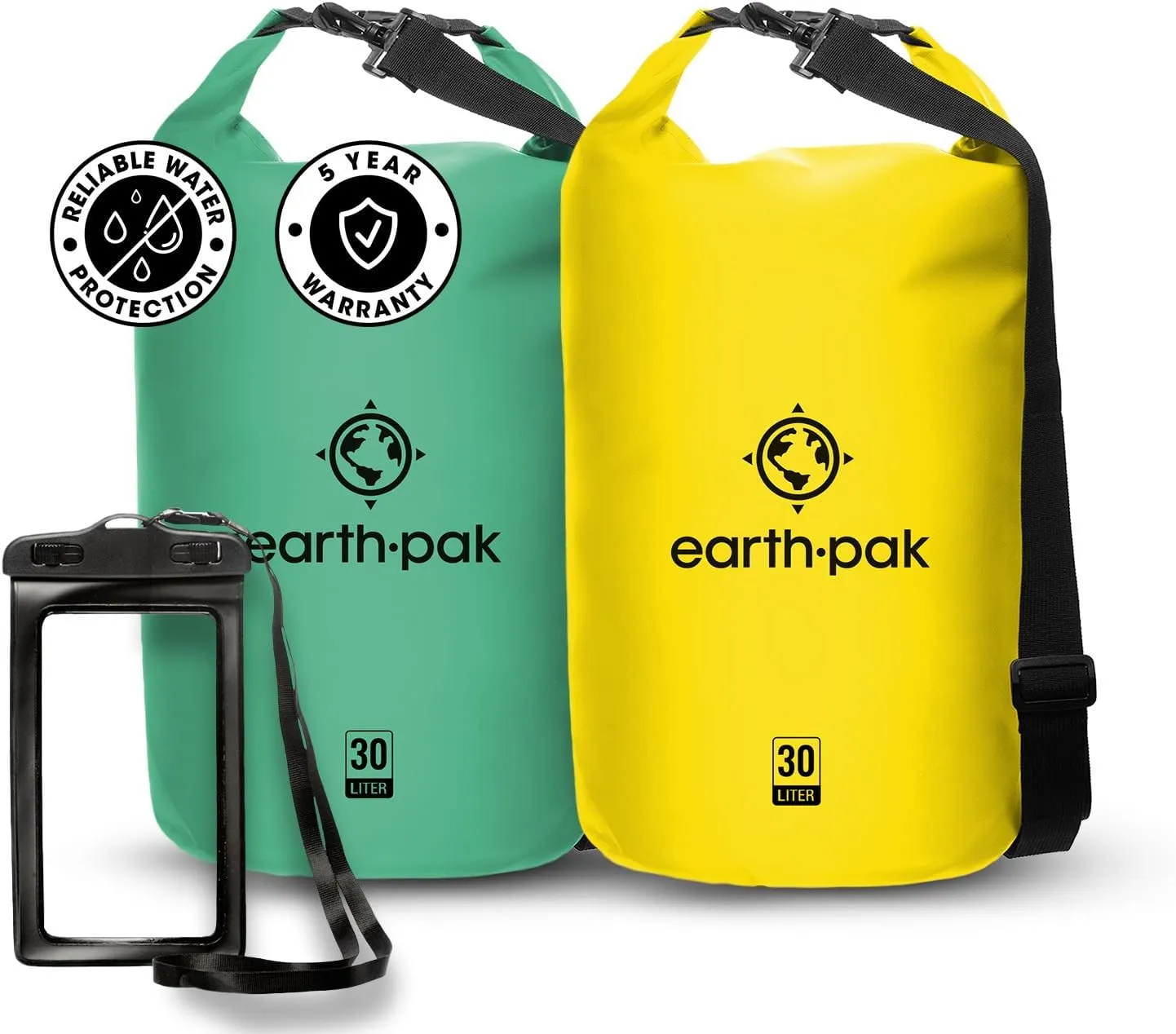 Earth Pak Waterproof Dry Bag - Roll Top Waterproof Backpack Sack (30L Seafoam Green & 30L Yellow)