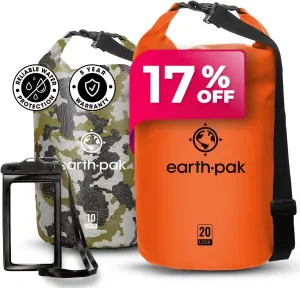 Earth Pak Waterproof Dry Bag - Roll Top Waterproof Backpack Sack (Camo 10L & Orange 20L)