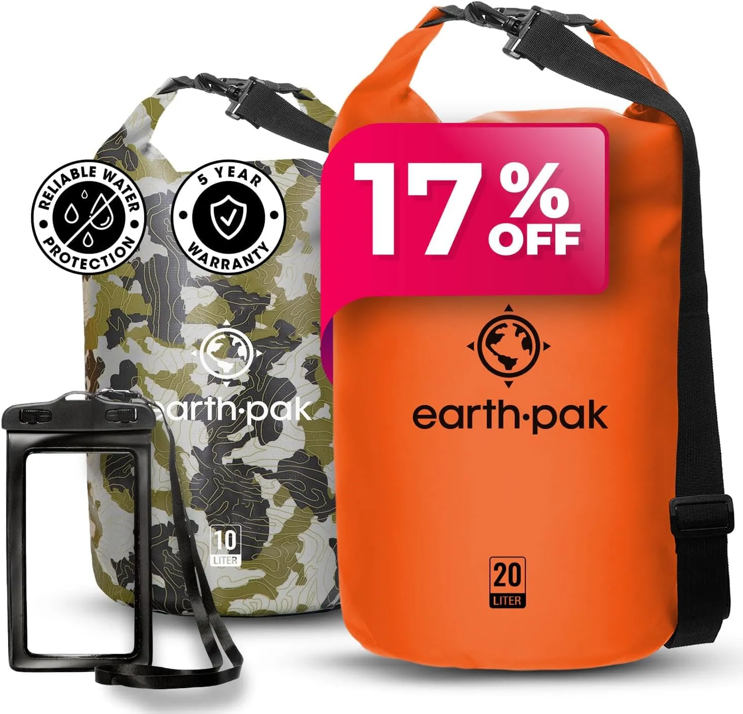 Earth Pak Waterproof Dry Bag - Roll Top Waterproof Backpack Sack (Camo 10L & Orange 20L)