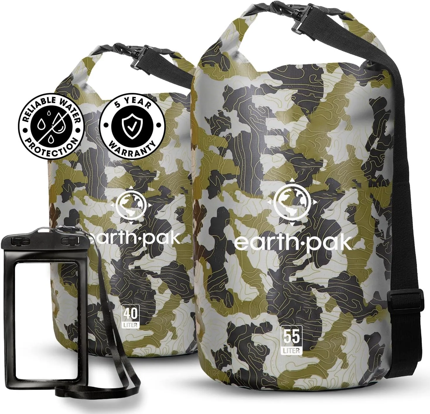 Earth Pak Waterproof Dry Bag - Roll Top Waterproof Backpack Sack (Camo 40L & 55L)