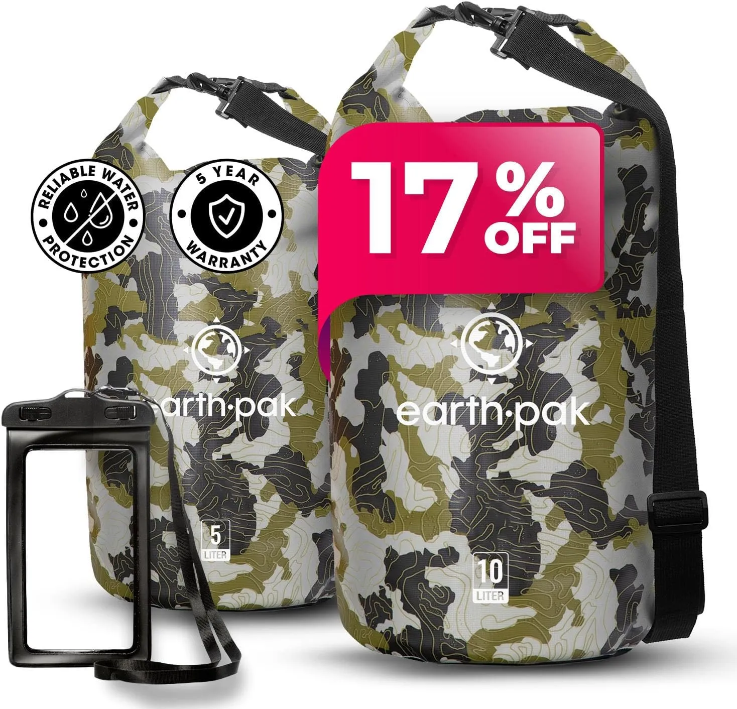 Earth Pak Waterproof Dry Bag - Roll Top Waterproof Backpack Sack Keeps Gear Dry Camo 5L & 10L