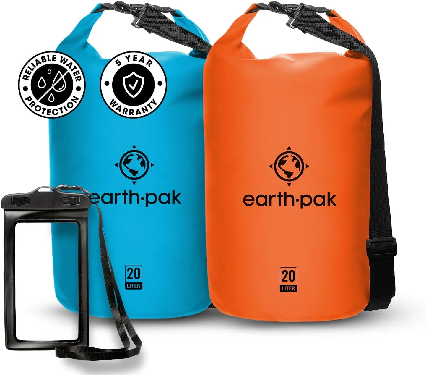 Earth Pak Waterproof Dry Bag - Roll Top Waterproof Backpack Sack (Light Blue 20L & Orange 20L)