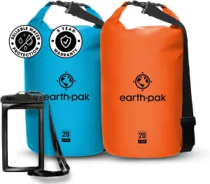 Earth Pak Waterproof Dry Bag - Roll Top Waterproof Backpack Sack (Light Blue 20L & Orange 20L)