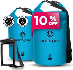 Earth Pak Waterproof Dry Bag - Roll Top Waterproof Backpack Sack (Light Blue 55L & 30L)