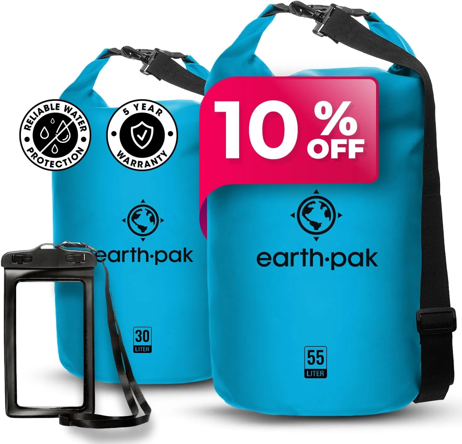 Earth Pak Waterproof Dry Bag - Roll Top Waterproof Backpack Sack (Light Blue 55L & 30L)
