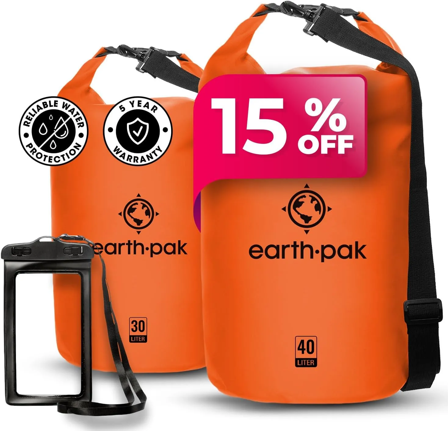 Earth Pak Waterproof Dry Bag - Roll Top Waterproof Backpack Sack (Orange 40L & Orange 30L)
