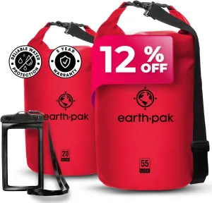 Earth Pak Waterproof Dry Bag - Roll Top Waterproof Backpack Sack (Red 55L & 20L)