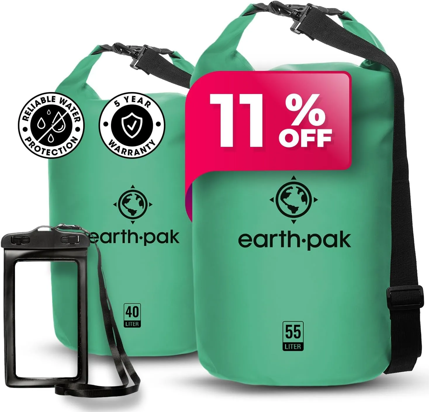Earth Pak Waterproof Dry Bag - Roll Top Waterproof Backpack Sack (Seafoam Green 40L & 55L)