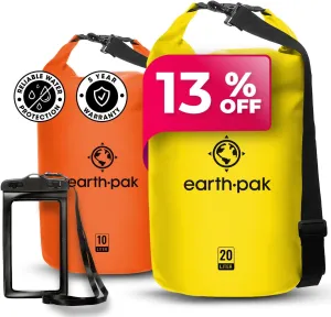Earth Pak Waterproof Dry Bag - Roll Top Waterproof Backpack Sack (Yellow 20L & Orange 10L)