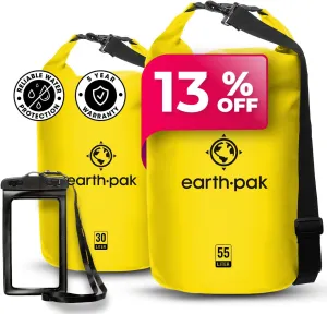 Earth Pak Waterproof Dry Bag - Roll Top Waterproof Backpack Sack (Yellow 55L & 30L)
