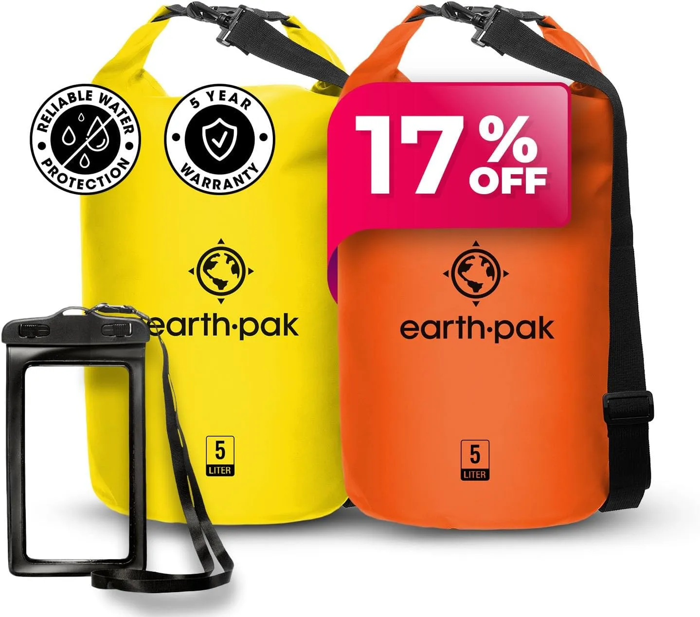 Earth Pak Waterproof Dry Bag - Roll Top Waterproof Backpack Yellow 5L & Orange 5L