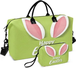 Easter Ears Travel Duffel Bags 2PCS,Sports Duffel Bags for Men Women,Weekender Overnight Bag Gym Tote Bag with Toiletry Bag