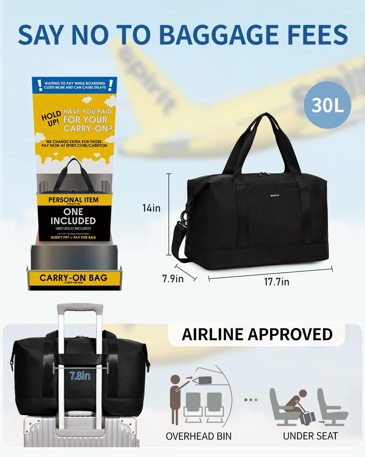 ECOHUB For Spirit Airlines Personal Item Bag 18x14x8 Underseat Carry on Luggage with Removable Wet Bag, Travel Duffel Bags Weekender for Women, 30L (Black)
