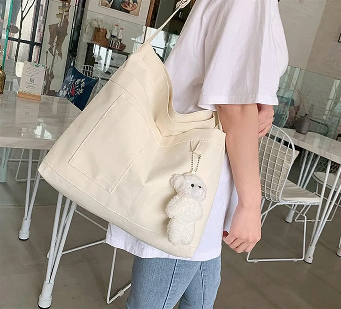 Economical Cotton Canvas Tote Bag,Women Hobo Shoulder Bag Crossbody Handbag with 3 External Pocket,Zipper Closure