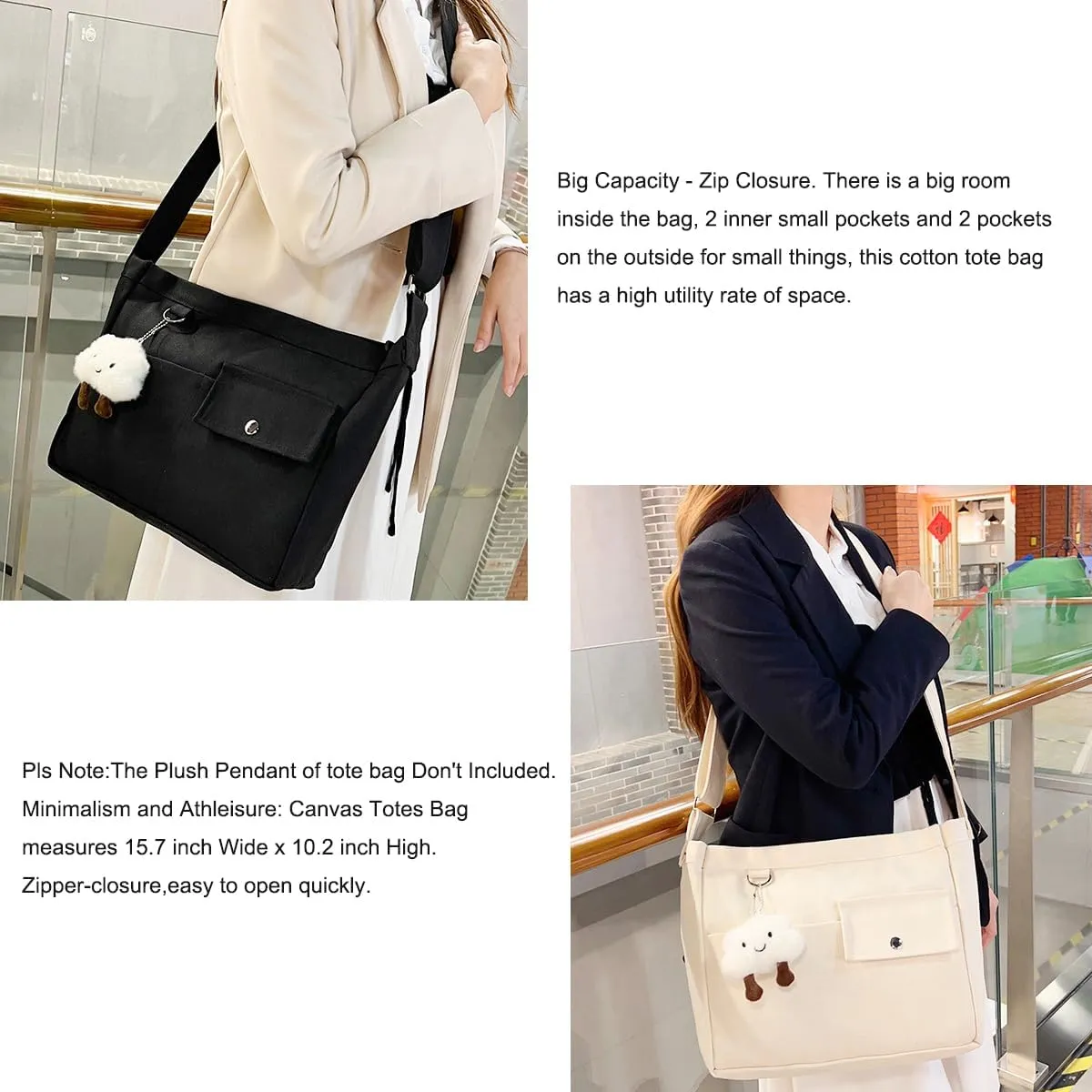 Economical Cotton Canvas Tote Bag,Women Hobo Shoulder Bag Crossbody Handbag with 3 External Pocket,Zipper Closure